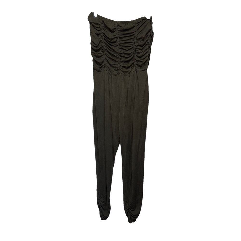Heart & Hips Jumpsuit Womens Large Green Strapless Ruched Legs Stretch Casual